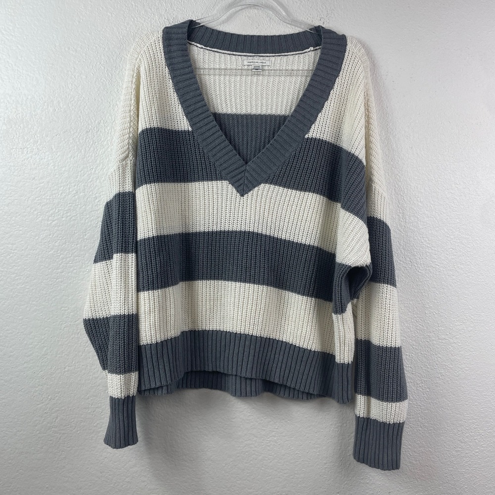 American Eagle Womens XL Striped V-Neck Oversized Sweater Grey Cream Knit XL/TG